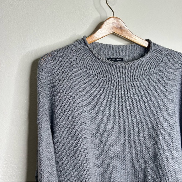 Eileen Fisher 100% Organic Cotton Thick Textured Knit Mock Neck Blue Sweater - Picture 12 of 16